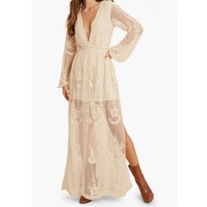 Wish List Cream Floral Embroidered Ling Sleeve Dress Size-M